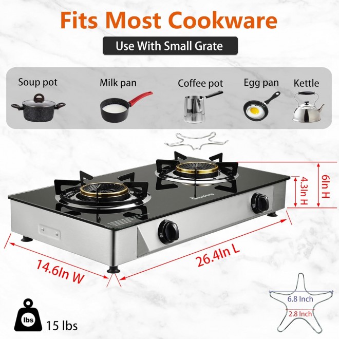 2 Burner Propane Stove Two Burner, Portable Tempered Glass Auto Ignition Gas Cooktop, Suitable for Outdoor-Camping-RVs (BLACK)