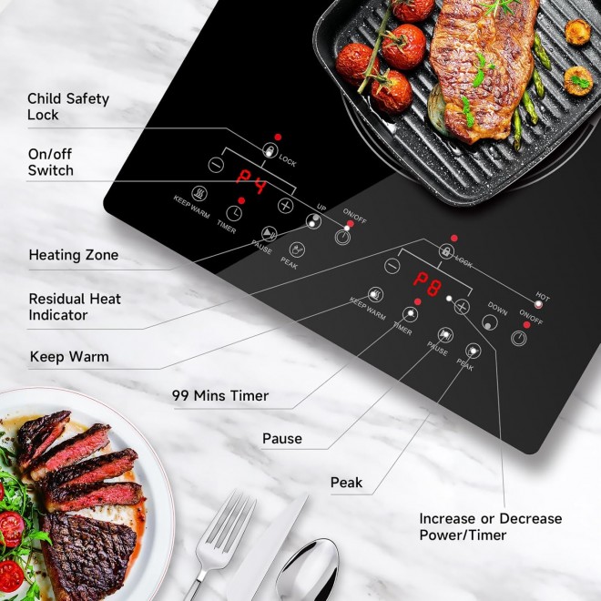 SizzleCook 2 Burner Electric Cooktop 110V Plug In, Countertop & Built-in Ceramic Stove Top, 12 inch Portable Infrared Double Burner Electric Stovetop with Outlet Plug, Child Safety Lock