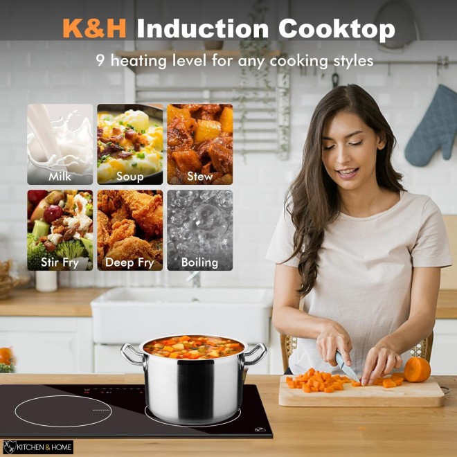 K&H 2 Burner Dual Double 24 Inch Built-in Induction Electric Stove Top Ceramic Cooktop 120V 1800W INDH-1802-120Hx