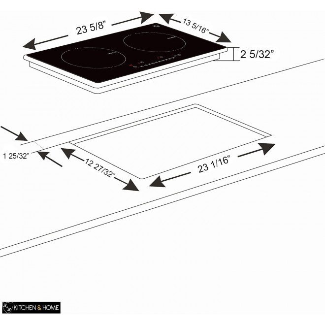 K&H 2 Burner Dual Double 24 Inch Built-in Induction Electric Stove Top Ceramic Cooktop 120V 1800W INDH-1802-120Hx