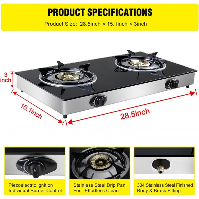 Propane Gas Cooktop 2 Burners Stove portable gas stove Tempered Glass Double Auto Ignition Camping Burner LPG for RV, Apartments, Outdoor