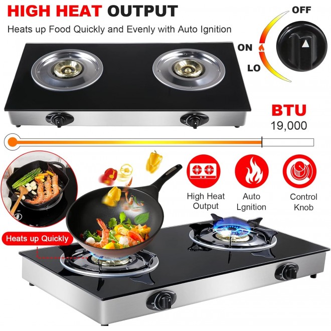 Propane Gas Cooktop 2 Burners Stove portable gas stove Tempered Glass Double Auto Ignition Camping Burner LPG for RV, Apartments, Outdoor