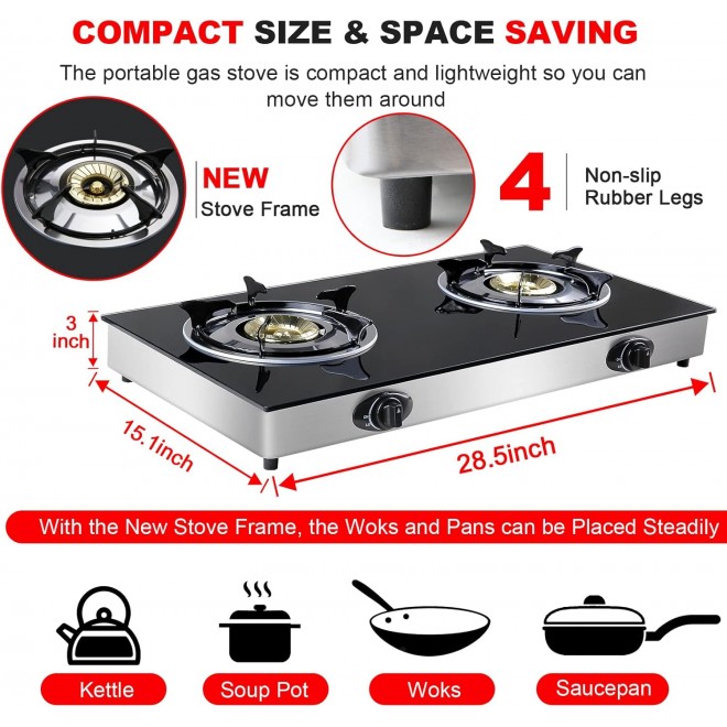 Propane Gas Cooktop 2 Burners Stove portable gas stove Tempered Glass Double Auto Ignition Camping Burner LPG for RV, Apartments, Outdoor