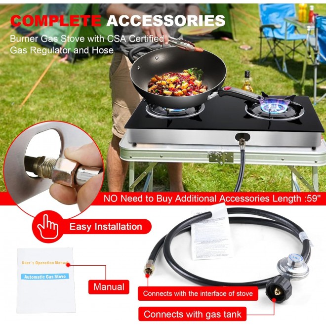 Propane Gas Cooktop 2 Burners Stove portable gas stove Tempered Glass Double Auto Ignition Camping Burner LPG for RV, Apartments, Outdoor