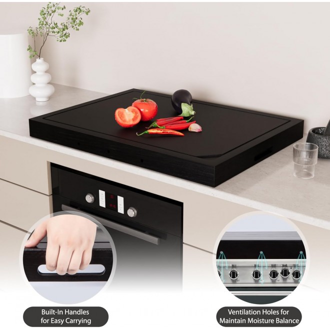 Wooden Stove Top Covers for Gas Burner and Electric Stove, Glass Cooktop Protector, Wood Noodle Board Stovetop Cover With Handles, Black