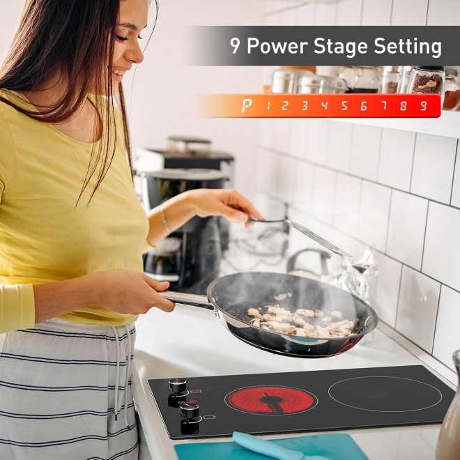 2 Burners Electric Cooktop 110V Ceramic Cooktop 12 Inch Plug in Electric Stove Top Built-in & Countertop Ceramic Stove with Knob Control, Child Lock, Timer, Residual Heat Indicator