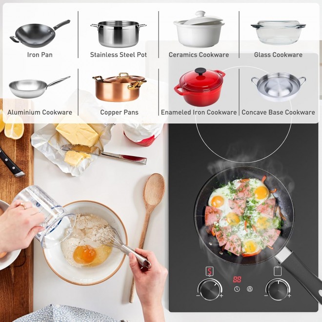 2 Burners Electric Cooktop 110V Ceramic Cooktop 12 Inch Plug in Electric Stove Top Built-in & Countertop Ceramic Stove with Knob Control, Child Lock, Timer, Residual Heat Indicator