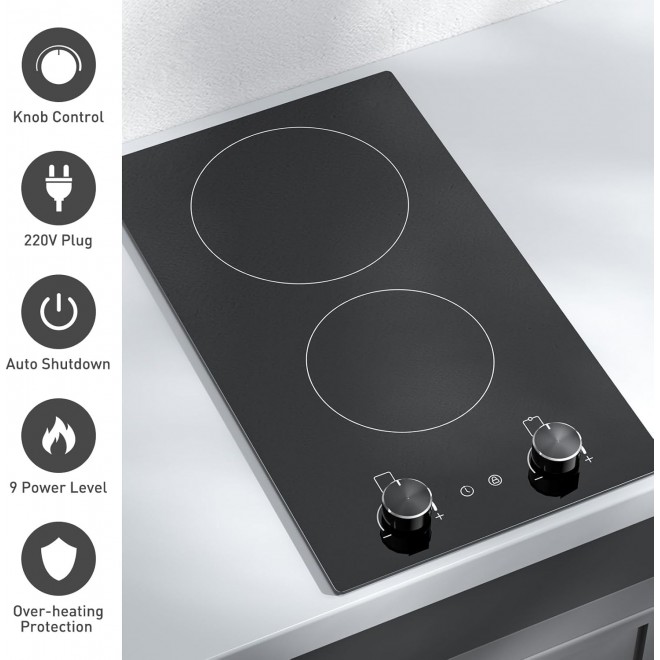 2 Burners Electric Cooktop 110V Ceramic Cooktop 12 Inch Plug in Electric Stove Top Built-in & Countertop Ceramic Stove with Knob Control, Child Lock, Timer, Residual Heat Indicator