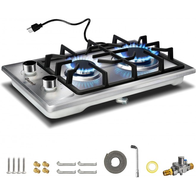 2 Burner Propane Cooktop - 12 Inch Stainless Steel Gas Stove for LPG/NG Dual Fuel, Portable Gas Burner with Flame-out Protection for Apartment, Kitchen, RV, Indoor, Outdoor 110V Plug in