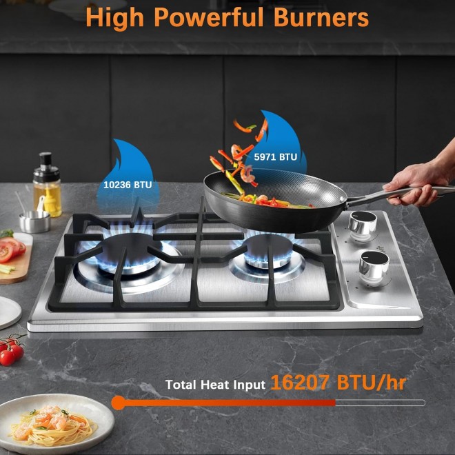 2 Burner Propane Cooktop - 12 Inch Stainless Steel Gas Stove for LPG/NG Dual Fuel, Portable Gas Burner with Flame-out Protection for Apartment, Kitchen, RV, Indoor, Outdoor 110V Plug in