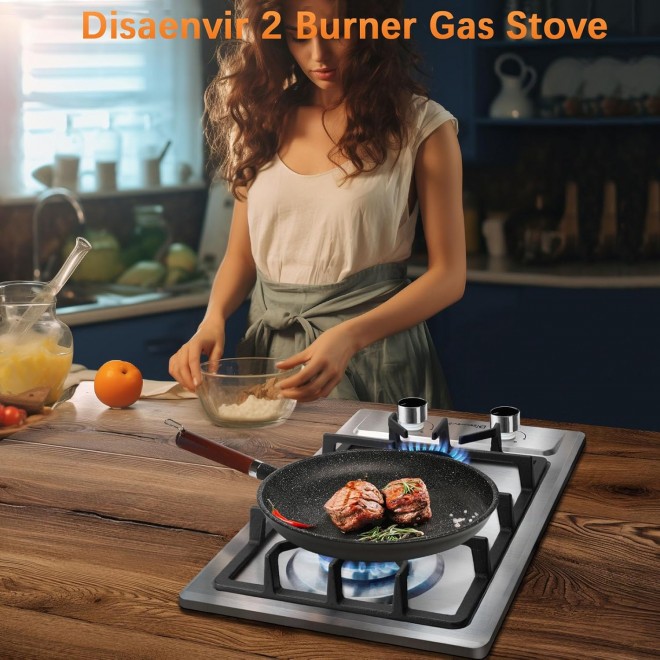 2 Burner Propane Cooktop - 12 Inch Stainless Steel Gas Stove for LPG/NG Dual Fuel, Portable Gas Burner with Flame-out Protection for Apartment, Kitchen, RV, Indoor, Outdoor 110V Plug in