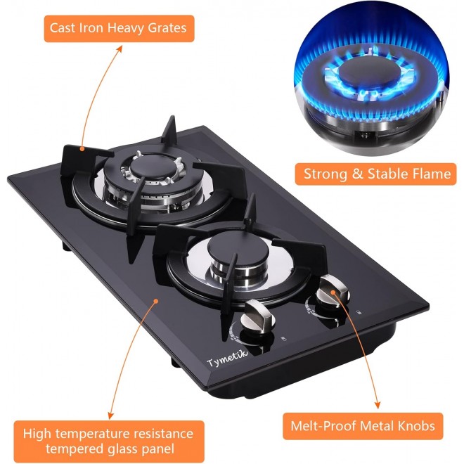 12 Inch Gas Cooktop, 2 Burners Built-in Gas Stovetop Tempered Glass Gas Stove LPG/NG Convertible Dual Fuel Gas Hob for RVs, Apartments, Outdoor