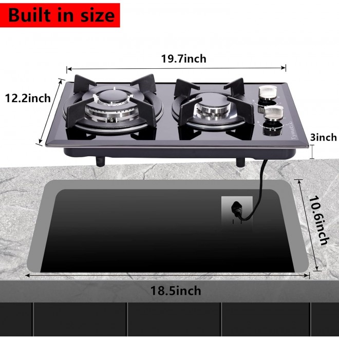 12 Inch Gas Cooktop, 2 Burners Built-in Gas Stovetop Tempered Glass Gas Stove LPG/NG Convertible Dual Fuel Gas Hob for RVs, Apartments, Outdoor