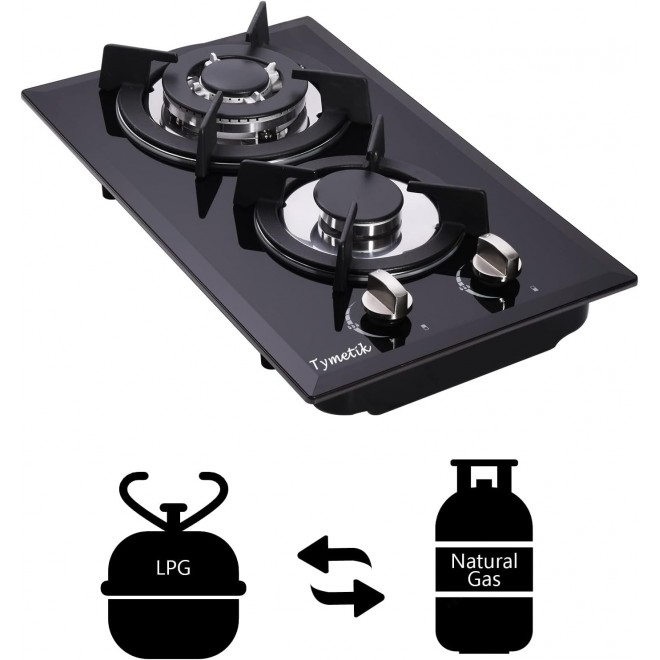 12 Inch Gas Cooktop, 2 Burners Built-in Gas Stovetop Tempered Glass Gas Stove LPG/NG Convertible Dual Fuel Gas Hob for RVs, Apartments, Outdoor