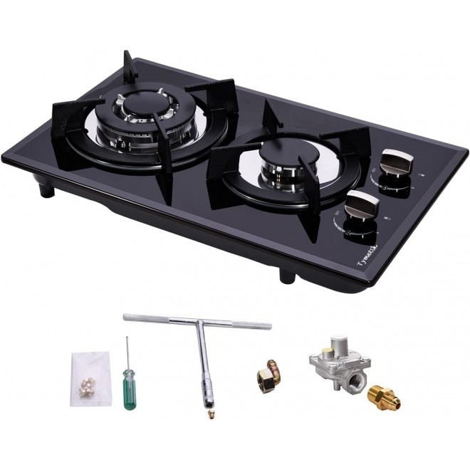 12 Inch Gas Cooktop, 2 Burners Built-in Gas Stovetop Tempered Glass Gas Stove LPG/NG Convertible Dual Fuel Gas Hob for RVs, Apartments, Outdoor