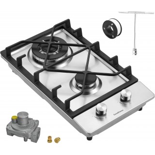 2 Burner Propane Gas Cooktop with 1.5 Volt Battery, 12 Inch LPG/NG Convertible Portable Gas Stove Top, Stainless Steel Gas Hob for RVs, Apartment, Outdoor, Easy to Clean