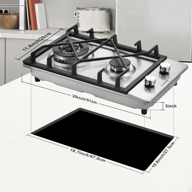 2 Burner Propane Gas Cooktop with 1.5 Volt Battery, 12 Inch LPG/NG Convertible Portable Gas Stove Top, Stainless Steel Gas Hob for RVs, Apartment, Outdoor, Easy to Clean