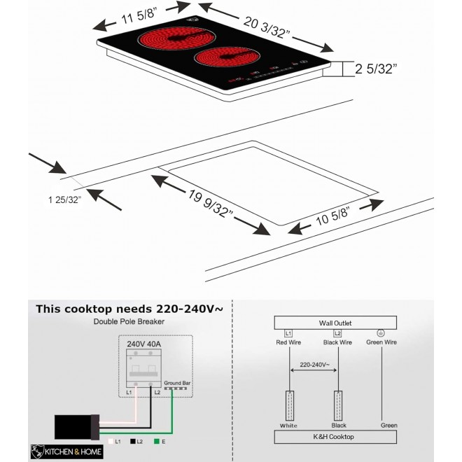 K&H 2 Two Burner Dual 12 Inch Built-in Electric Stove Top Radiant Ceramic Cooktop Sensor Touch Control 240V 3000W CERV-3002