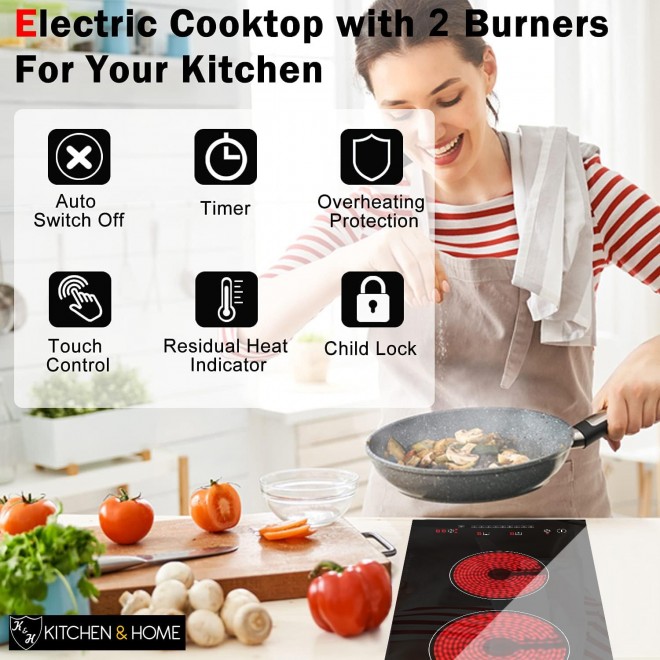 K&H 2 Two Burner Dual 12 Inch Built-in Electric Stove Top Radiant Ceramic Cooktop Sensor Touch Control 240V 3000W CERV-3002