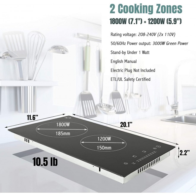 K&H 2 Two Burner Dual 12 Inch Built-in Electric Stove Top Radiant Ceramic Cooktop Sensor Touch Control 240V 3000W CERV-3002