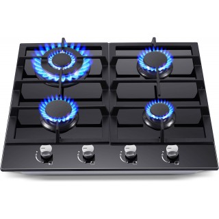 Gas Stove Top 24 Inch, Built-in Gas Cooktop 4 Burner, Black Tempered Glass Gas Range with NG/LPG Conversion Kit, Kitchen Propane Cooktop with Thermocouple Protection