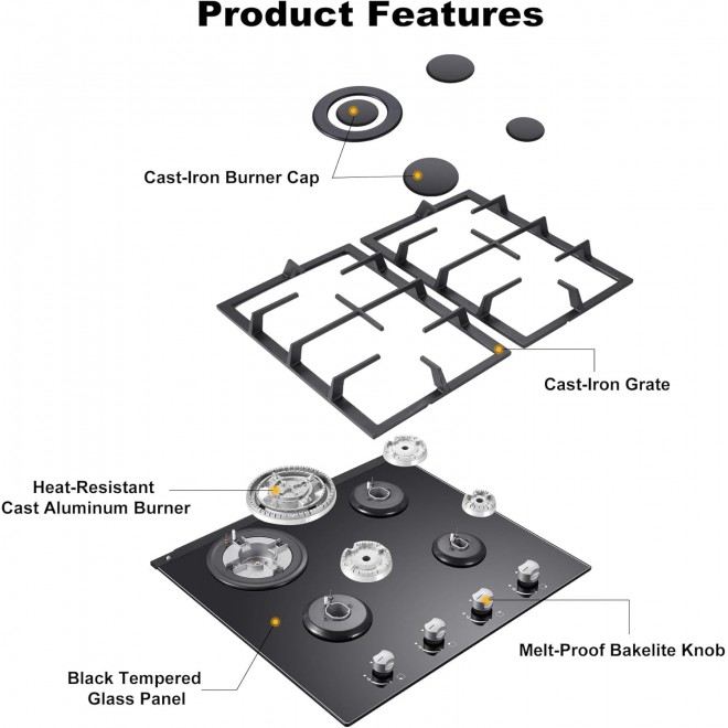 Gas Stove Top 24 Inch, Built-in Gas Cooktop 4 Burner, Black Tempered Glass Gas Range with NG/LPG Conversion Kit, Kitchen Propane Cooktop with Thermocouple Protection