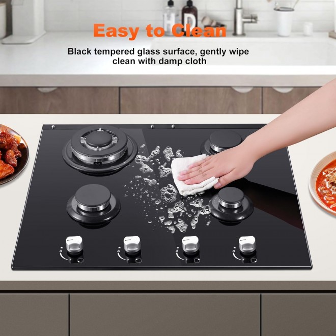 Gas Stove Top 24 Inch, Built-in Gas Cooktop 4 Burner, Black Tempered Glass Gas Range with NG/LPG Conversion Kit, Kitchen Propane Cooktop with Thermocouple Protection