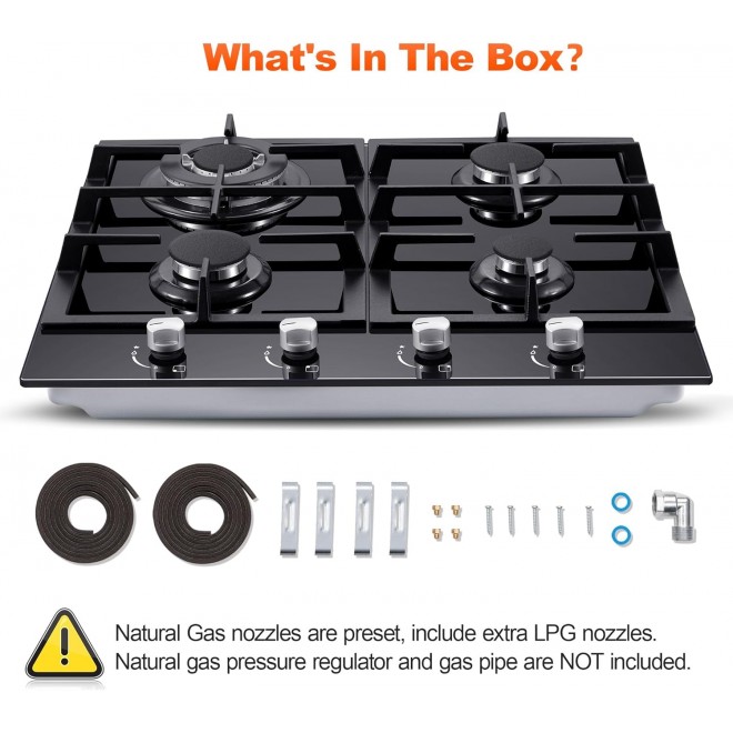 Gas Stove Top 24 Inch, Built-in Gas Cooktop 4 Burner, Black Tempered Glass Gas Range with NG/LPG Conversion Kit, Kitchen Propane Cooktop with Thermocouple Protection