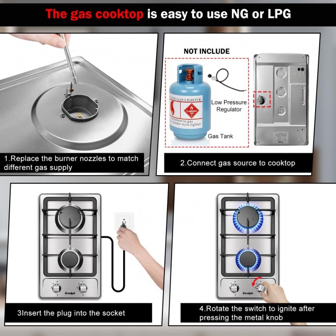 Gas Cooktop 2 Burner, Cooksir Built in Gas Stovetop 12 Inches, NG/LPG Convertible Stainless Steel Gas Hob with Flame Out Protection, for Apartments, Indoor Use, 110v