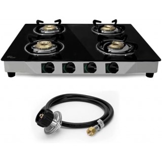 Gas Stove with 4 Burner - Propane gas cook top Tempered Glass RV Stove - Portable stainless gas stove Burners For Cooking -With Hose & Regulator to Connect Propane Tank