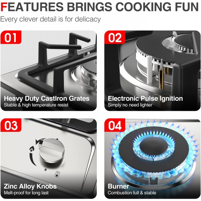 Gas Stove Gas Cooktop 2 Burners 12 Inch,ANHANE Portable Stainless Steel Built-in Gas Hob, LPG/NG Dual Fuel Easy to Clean for RVs, Apartments, Outdoor