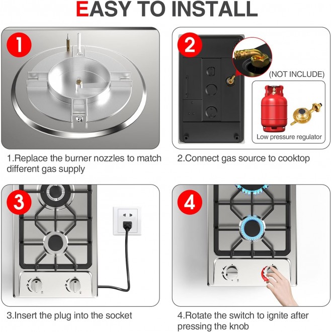 Gas Stove Gas Cooktop 2 Burners 12 Inch,ANHANE Portable Stainless Steel Built-in Gas Hob, LPG/NG Dual Fuel Easy to Clean for RVs, Apartments, Outdoor