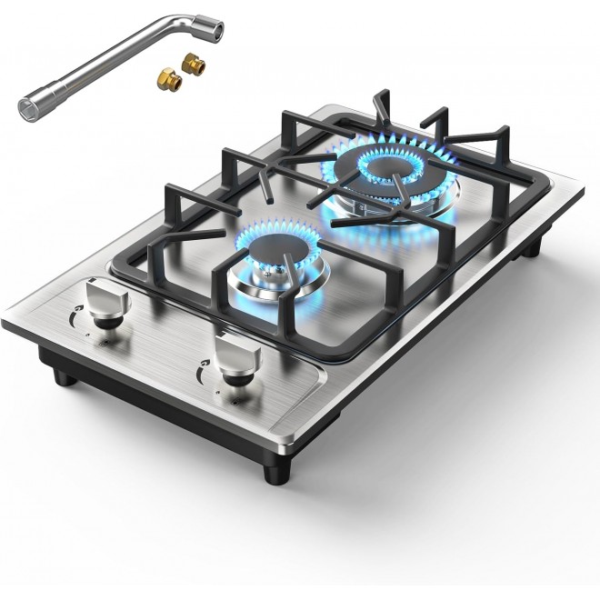 Gas Stove 2 Burner,Propane Cooktop 12 inch, Nafewin Portable Gas Cooktop Stainless Steel Gas Burner with Thermocouple Protection, Lpg/Ng Dual Fuel Built-in Gas Stove Top for Apartments, Outdoor, Rvs