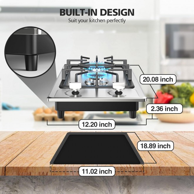 Gas Stove 2 Burner,Propane Cooktop 12 inch, Nafewin Portable Gas Cooktop Stainless Steel Gas Burner with Thermocouple Protection, Lpg/Ng Dual Fuel Built-in Gas Stove Top for Apartments, Outdoor, Rvs