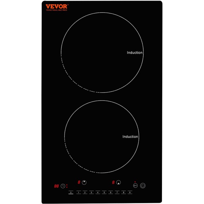 VEVOR Electric Cooktop, 2 Burners, 12'' Induction Stove Top, Built-in Magnetic Cooktop 1800W, 9 Heating Level Multifunctional Burner, LED Touch Screen w/Child Lock & Over-Temperature Protection