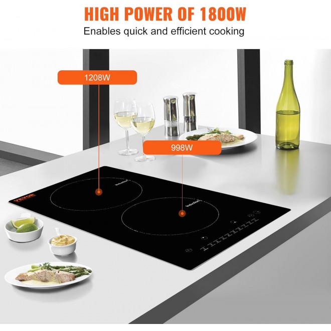 VEVOR Electric Cooktop, 2 Burners, 12'' Induction Stove Top, Built-in Magnetic Cooktop 1800W, 9 Heating Level Multifunctional Burner, LED Touch Screen w/Child Lock & Over-Temperature Protection