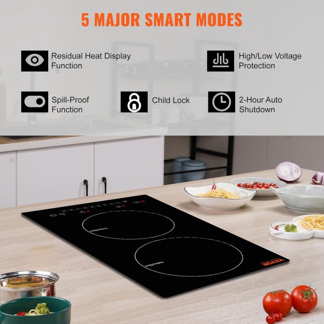 VEVOR Electric Cooktop, 2 Burners, 12'' Induction Stove Top, Built-in Magnetic Cooktop 1800W, 9 Heating Level Multifunctional Burner, LED Touch Screen w/Child Lock & Over-Temperature Protection