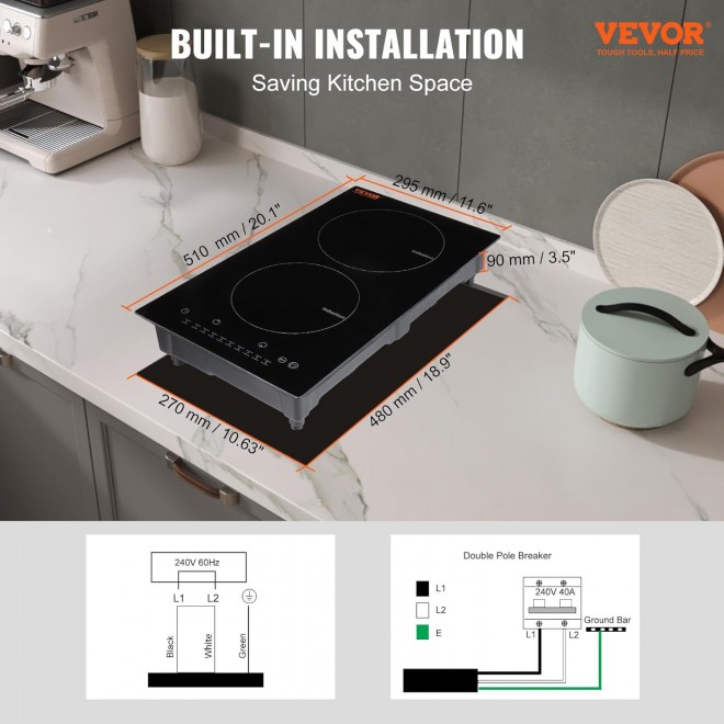 VEVOR Electric Cooktop, 2 Burners, 12'' Induction Stove Top, Built-in Magnetic Cooktop 1800W, 9 Heating Level Multifunctional Burner, LED Touch Screen w/Child Lock & Over-Temperature Protection