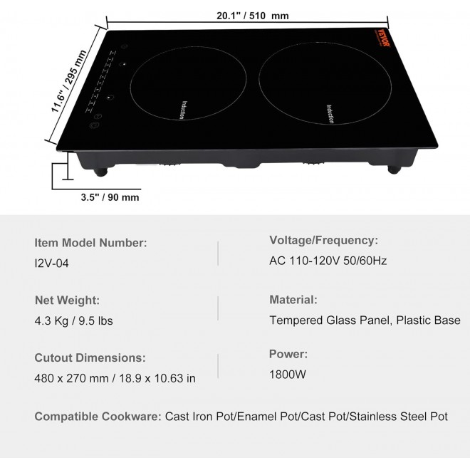 VEVOR Electric Cooktop, 2 Burners, 12'' Induction Stove Top, Built-in Magnetic Cooktop 1800W, 9 Heating Level Multifunctional Burner, LED Touch Screen w/Child Lock & Over-Temperature Protection