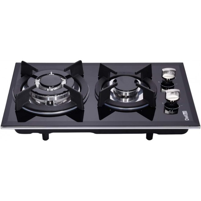 12 Inch Gas Cooktop Dual Fuel Sealed 2 Burners Tempered Glass Gas Cooktop Drop-in Gas Hob DK123-A01S Gas Burner Black Gas Cooktop