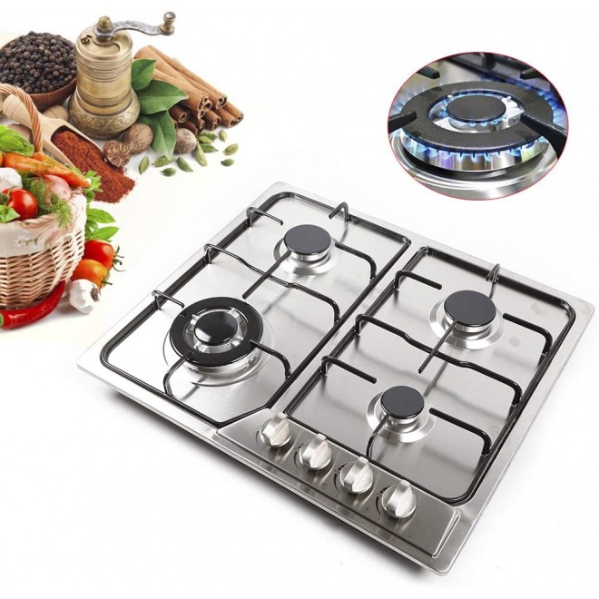 22x20inches Gas Cooktop Gas Top Stove Burners, 4 Burner Stainless Steel Gas Cooker Built-in Gas Cooktop, Natural LPG Gas Hob for Kitchen Easy to Clean Efficient Operation(Silver)