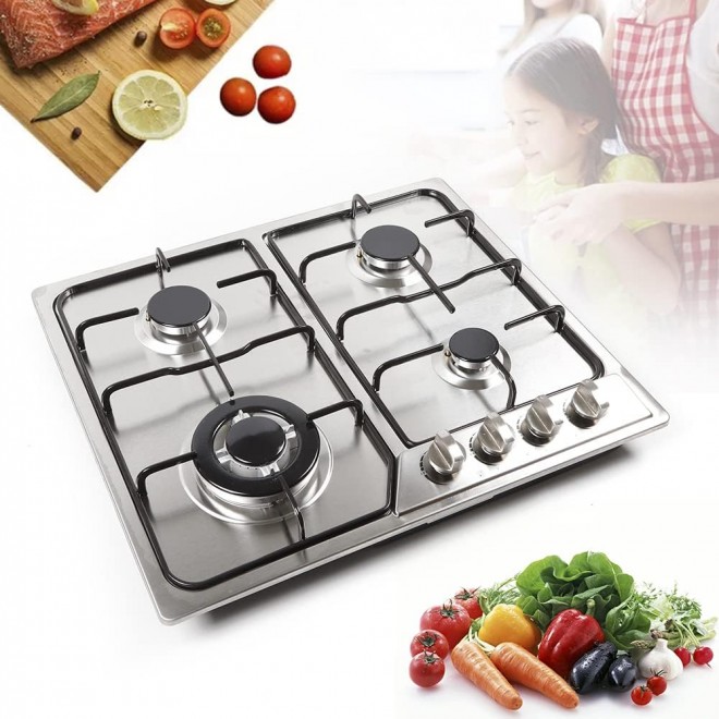 22x20inches Gas Cooktop Gas Top Stove Burners, 4 Burner Stainless Steel Gas Cooker Built-in Gas Cooktop, Natural LPG Gas Hob for Kitchen Easy to Clean Efficient Operation(Silver)