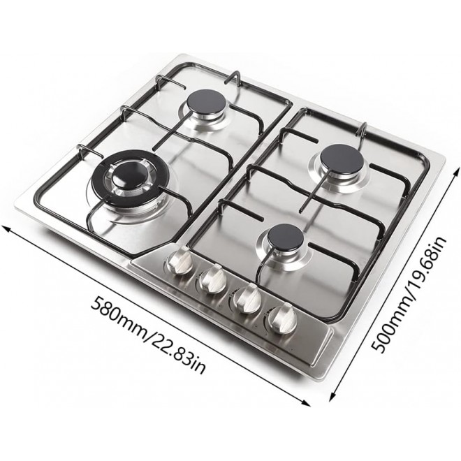 22x20inches Gas Cooktop Gas Top Stove Burners, 4 Burner Stainless Steel Gas Cooker Built-in Gas Cooktop, Natural LPG Gas Hob for Kitchen Easy to Clean Efficient Operation(Silver)