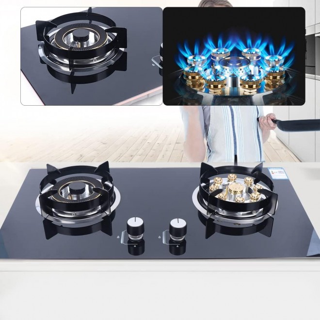 2 Burner Gas Cooktop Portable Gas Stove 29 Built-in Natural Gas Hob Cooktop High Efficiency Burner, Tempered Glass with Anti-tempering Protection for Outdoor, Kitchen, Camping