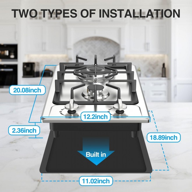 Gas Cooktop 12 Inch Gas Stove 2 Burner, ANHANE Portable Stainless Steel LPG/NG Dual Fuel, Built-in Gas Stove, Ideal for RVs, Apartments, and Outdoor for Cooking