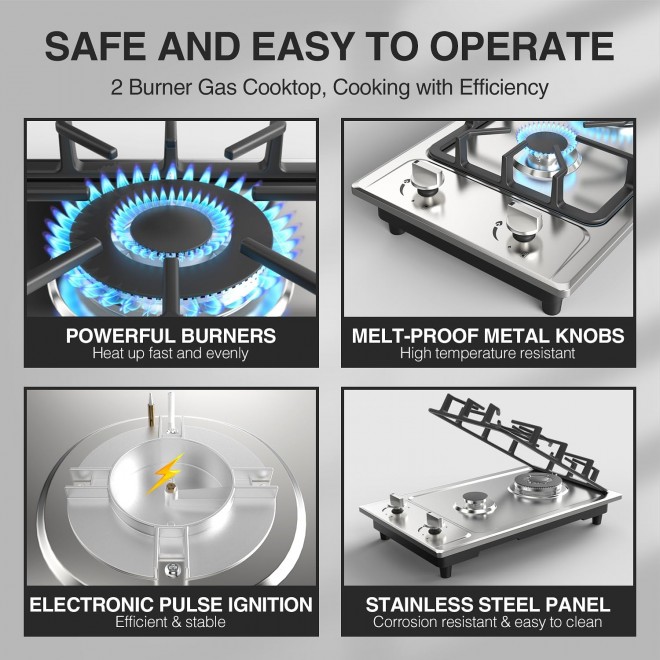 Gas Cooktop 12 Inch Gas Stove 2 Burner, ANHANE Portable Stainless Steel LPG/NG Dual Fuel, Built-in Gas Stove, Ideal for RVs, Apartments, and Outdoor for Cooking