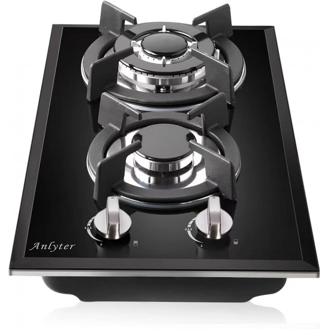 12 Inch Gas Cooktop, 2 Burners Built-in Gas Stovetop Tempered Glass Gas Stove Top LPG/NG Convertible Dual Fuel Sealed Gas Hob - Black