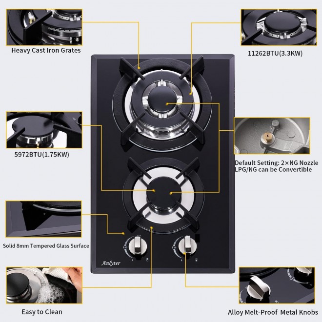 12 Inch Gas Cooktop, 2 Burners Built-in Gas Stovetop Tempered Glass Gas Stove Top LPG/NG Convertible Dual Fuel Sealed Gas Hob - Black