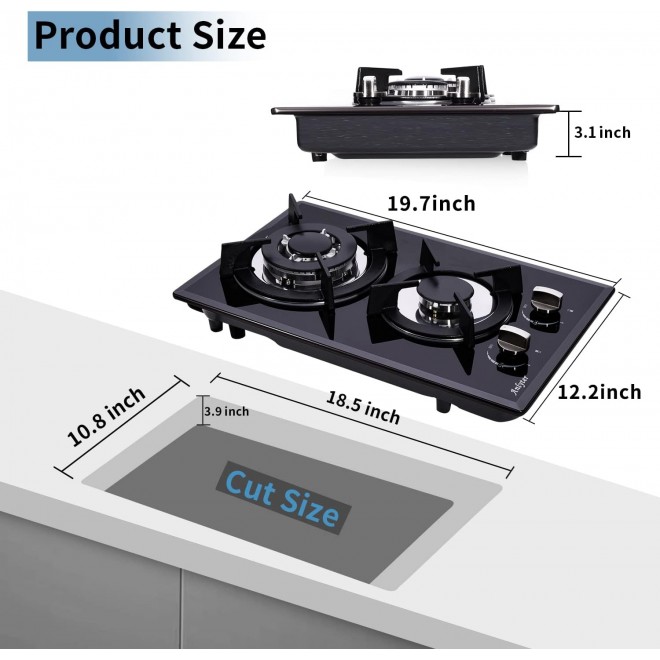 12 Inch Gas Cooktop, 2 Burners Built-in Gas Stovetop Tempered Glass Gas Stove Top LPG/NG Convertible Dual Fuel Sealed Gas Hob - Black