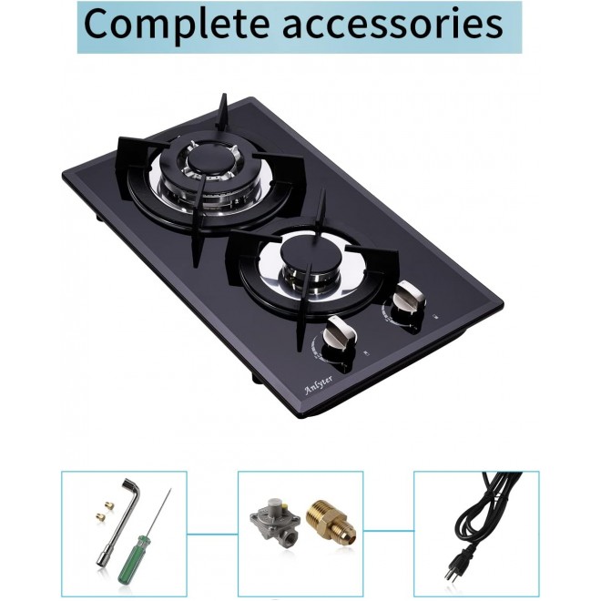 12 Inch Gas Cooktop, 2 Burners Built-in Gas Stovetop Tempered Glass Gas Stove Top LPG/NG Convertible Dual Fuel Sealed Gas Hob - Black